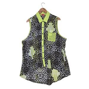 Y2K Bongo Leopard Print Sleeveless Blouse 2X Neon Citron Stud Pocket High Low